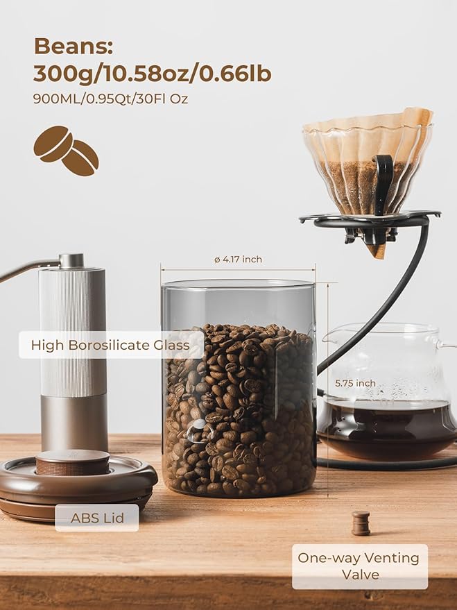 Ground Coffee Glass Container Airtight 900ml – Pop Top Ground Coffee Canister with CO₂ Valve, 11 oz Coffee Bean Container, UV Resistant