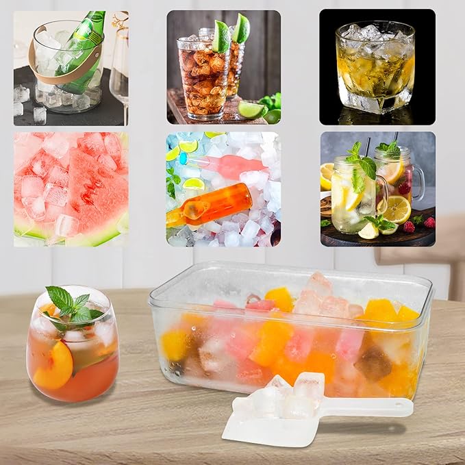 Ice Cube Trays for Freezer With Bin, Scoop, and Press Plate - 2 Tiers, Lid Included