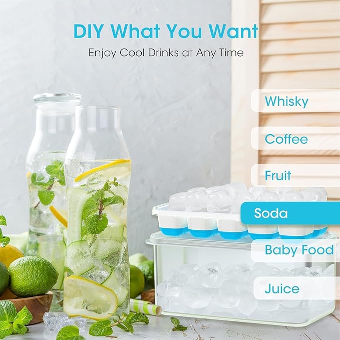 DOQAUS Ice Cube Tray with Lid and Bin - 4 Pack Silicone Ice Cube Trays for Freezer, Stackable Ice Bucket Kits with Storage Container & Scoop for Kitchen, RV, Cocktail, Coffee