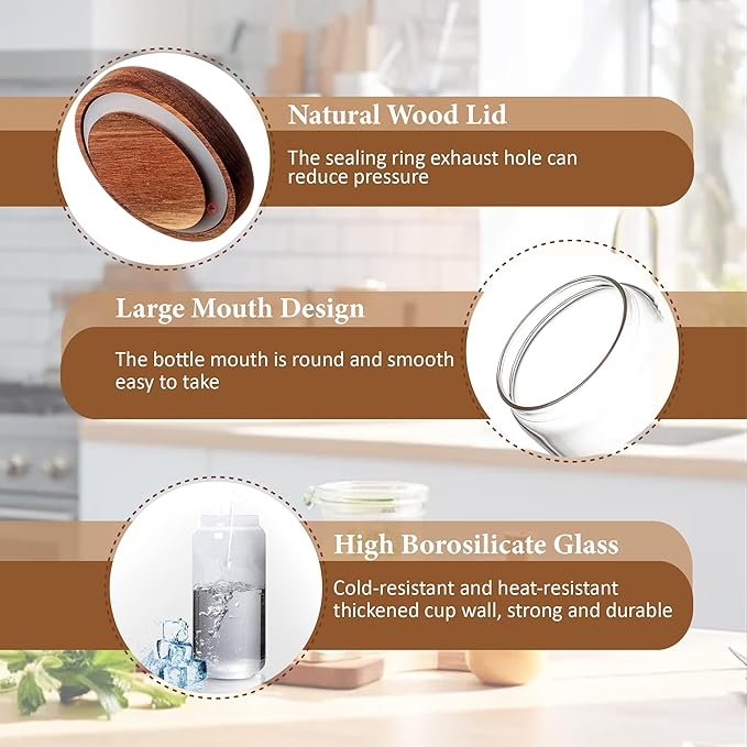 480ML/16Oz Clear Cute Glass Storage Canister Holder with Stackable Airtight Wood Lid, Modern Decorative Small Container Jar for Coffee, Spice, Candy, Salt, Cookie, Condiment, Pepper, Sugar