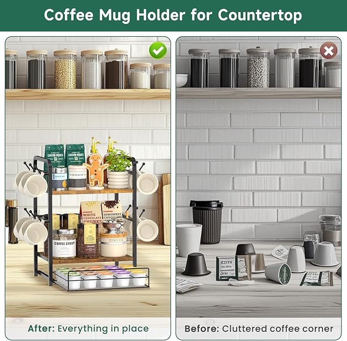 EsLuker.ly Coffee Bar Organizer Station Shelf Mug Holder for Countertop, 3 Tier Coffee Cup Stand Rack with 12 Hooks for Home Office, K Cup Pod Organizer Drawer, Keeps Essentials Tidy & Accessible