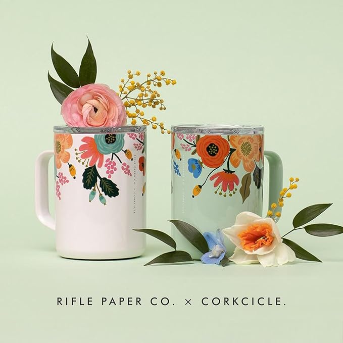 Corkcicle x Rifle Paper Co. Triple Insulated Coffee Mug with Lid & Handle - Keeps Beverages Hot for 3+ Hours - Gift for Mom - Great for Mother's Day or Christmas - 16 oz - Mint Lively Floral