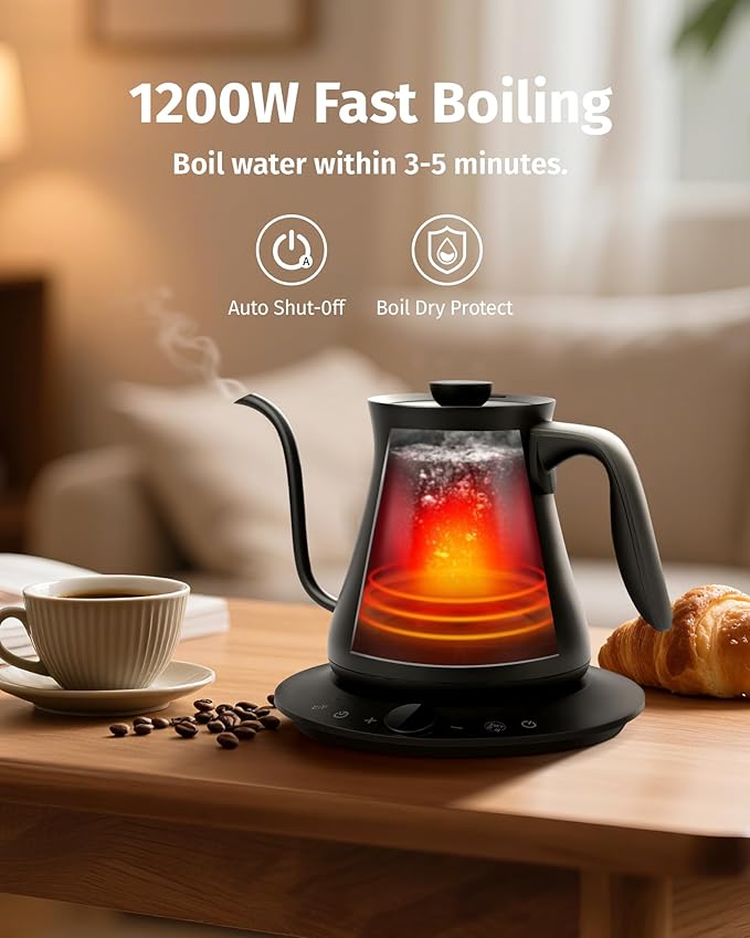 0.8L Gooseneck Electric Kettle, Precise Temperature Control for Pour Over Coffee & Tea, 1200W Fast Boiling Water, Auto Shut Off, Scheduling, Stainless Steel, Black