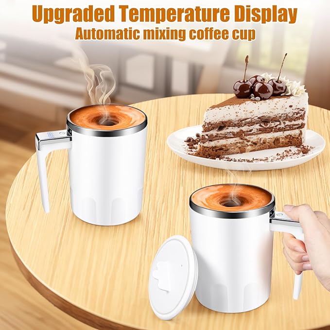 Self Stirring Coffee Mug: 2025 New Rechargeable Auto Magnetic Stirring Mixing Mug with Temperature Display,13oz Stainless Steel Travel Coffee Cup for Office, Home, Kitchen, Best Gift (White)
