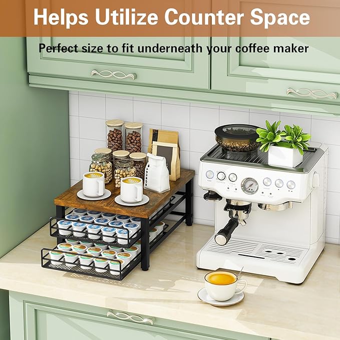 IBUYKE 2-Tier Coffee Pod Drawer Holder for K Cup, Capsule Pods Storage Organizer, Compact Under Coffee Pot Storage Drawer, Slim Home Kitchen Counter Organizer TCJ002H