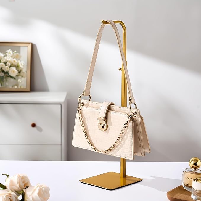 3 Pack Purse Holder Handbag Display Stand: Gold Hanger Rack for Bags, Purses, and Wreath, Adjustable Hook Stand for Tabletop, Closet, and Retail Use for Vendors