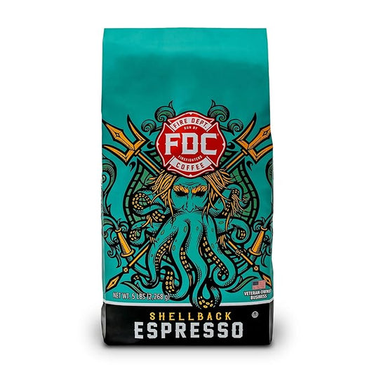 Fire Department Coffee - Gives Back to Firefighters - Bold & Smooth Shellback Espresso Coffee Beans - Roasted in the USA - Premium Espresso Beans - Veteran Owned - Bulk 5 LB