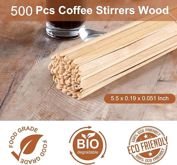 500 Pcs Coffee Stirrers 5.5 Inch Wood Coffee Stir Sticks Individually Wrapped Wooden Stir Sticks Disposable Wood Stir Sticks Eco-Friendly Wood Coffee Stir Sticks for Coffee, Cocktail (500 PCS)