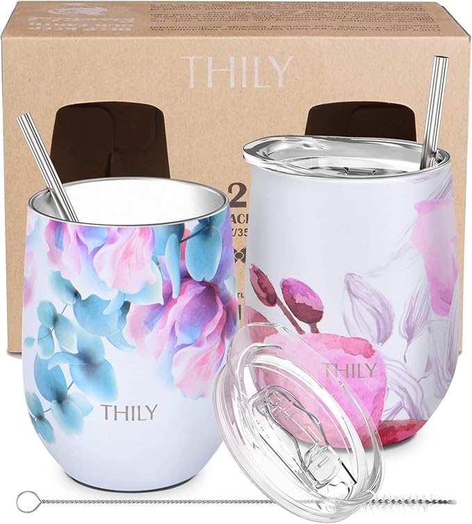 THILY Vacuum Insulated Stemless Wine Tumbler 12 oz Stainless Steel Wine Glass with Lid and Straw, Keep Cold or Hot for Coffee, Cocktails, 2 Pack(Pink Lilies + Lotus Flower)