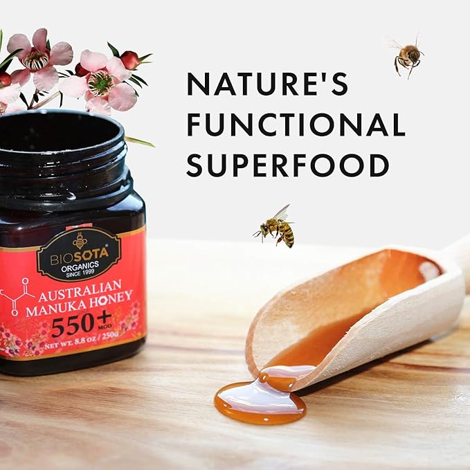 BIOSOTA Organic Manuka Honey MGO 550+ - Medical Grade Manuka Honey from Australia NPA/ULF 15+, 100% Raw Unheated Pure Honey, 8.8oz (550+) (MGO 550+)