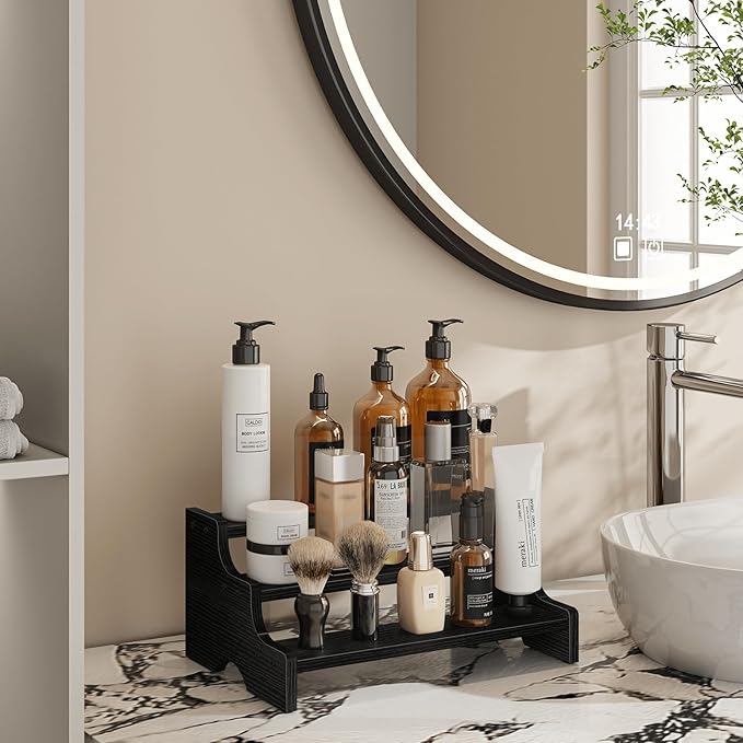 Wood Cologne Organizer for Men, 3 Tier Display Riser Stand with Handle, Perfume Organizer Cologne Stand, Retail Table Display Shelf for Craft Shows, Vendor Events, Black