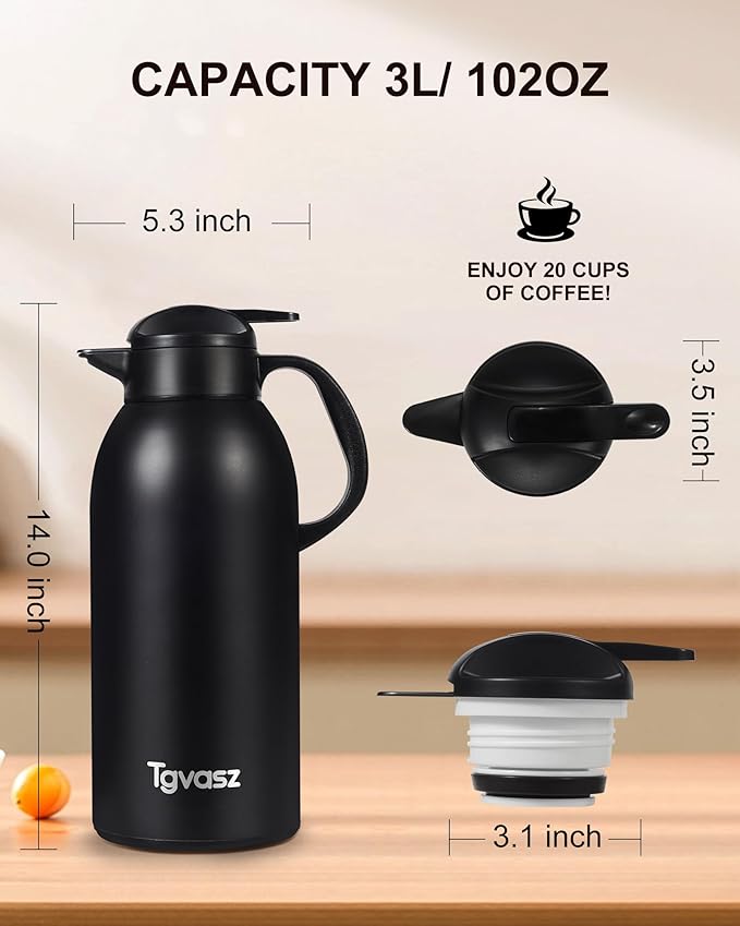 Large and Heavy Thermal Coffee Carafe 102 oz,Fullness Water is 7.3 LB, Insulated Carafe for Hot Liquids, Coffee Carafes For Keeping Hot for Parties -Tea Dispenser Flask(black)