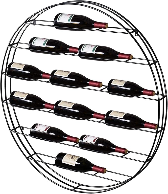 MyGift 12-Bottle Modern Black Metal Round Wall Mounted Wine Rack – 6-Tier Horizontal Storage Shelf for Kitchen, Living Room & Wine Cellar – Space-Saving Wall Decor & Cork Preservation