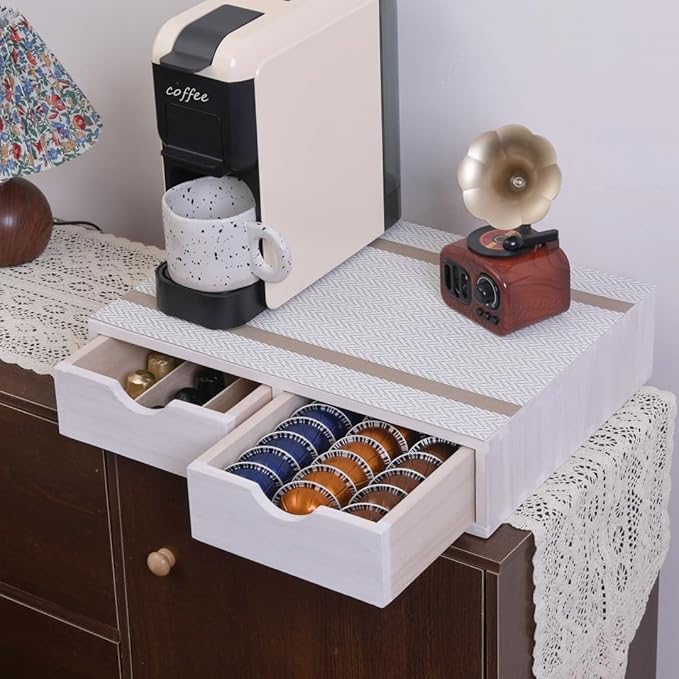 Kitchen Storage Organizer with 2 Drawers for Coffee Brew K Cup/Coffee Pod Holder - Office Organization Drawer for Desk, Multi-Purpose Mini Wood Cabinet Countertop Stand Shelf CF1D2C White