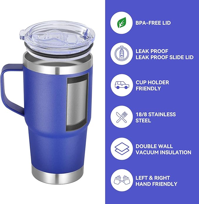 VEGOND 20 oz Tumbler Bulk with Handle Lid and Straw, Stainless Steel Insulated Travel Coffee Mug Set, Spill Proof Double Wall Metal Tumblers Cups, Powder Color Royal Blue 12 Pack