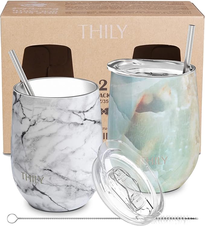 THILY Vacuum Insulated Stemless Wine Tumbler 12 oz Stainless Steel Wine Glass with Lid and Straw, Keep Cold or Hot for Coffee, Cocktails, Christmas Birthday Gift, 2 Pack(White Marble + Opal Marble)