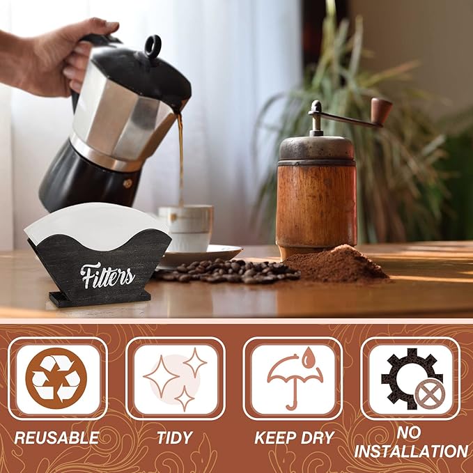Juexica Farmhouse Cone Coffee Filter Holder Storage number 4 Rustic Wood Holder Organizer Counter Mount for Square Cone Shaped Flat Bottomed Paper(Black)