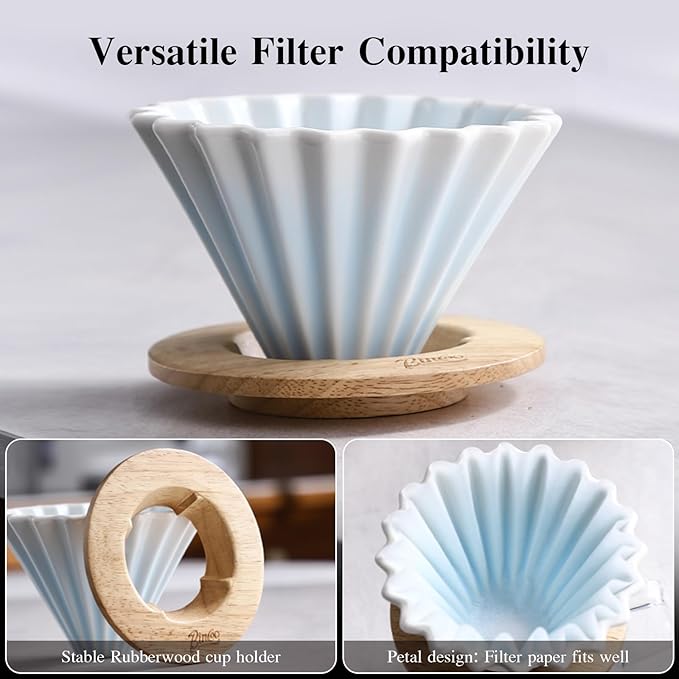 Bincoo Ceramic Coffee Dripper,Pour Over Coffee Dripper with Wood Stand, Flower-shape for 1-2 Cups Slow Brewing Maker for Home Cafe (Blue)
