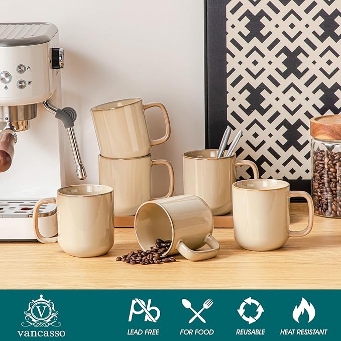 vancasso Coffee Mugs Set of 6, 12 Oz Ceramic Coffee Cups with Handle, Ceramic Unique Glaze Coffee Cup for Cappuccino, Latte, Tea, Cocoa, Dishwasher & Microwave Safe Gift Sets, Brown, Series PLAYA