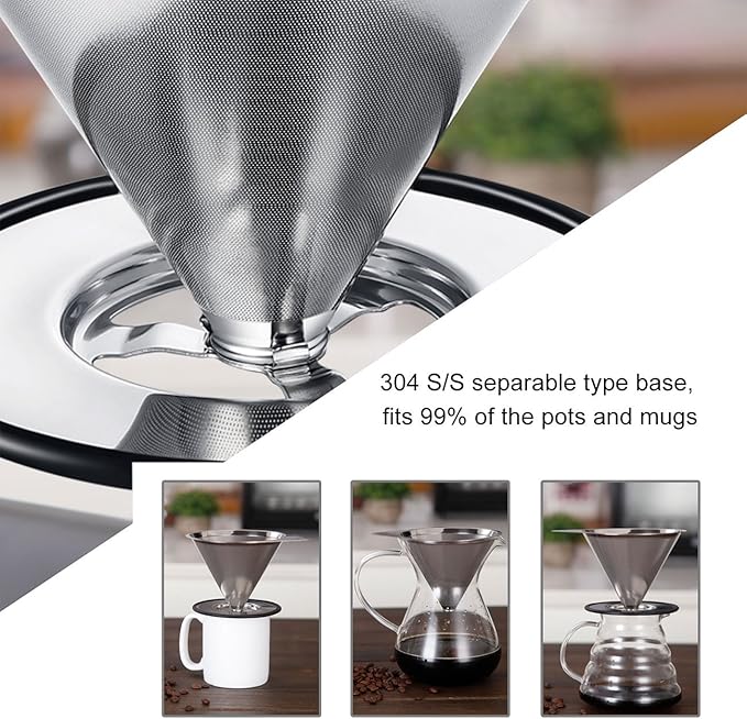 LHS Pour Over Coffee Dripper Stainless Steel Coffee Filter Metal Cone Filter Paperless Reusable Coffee Filter Single Cup Coffee Maker 1-4 Cup With Non-slip Cup Stand and Cleaning Brush