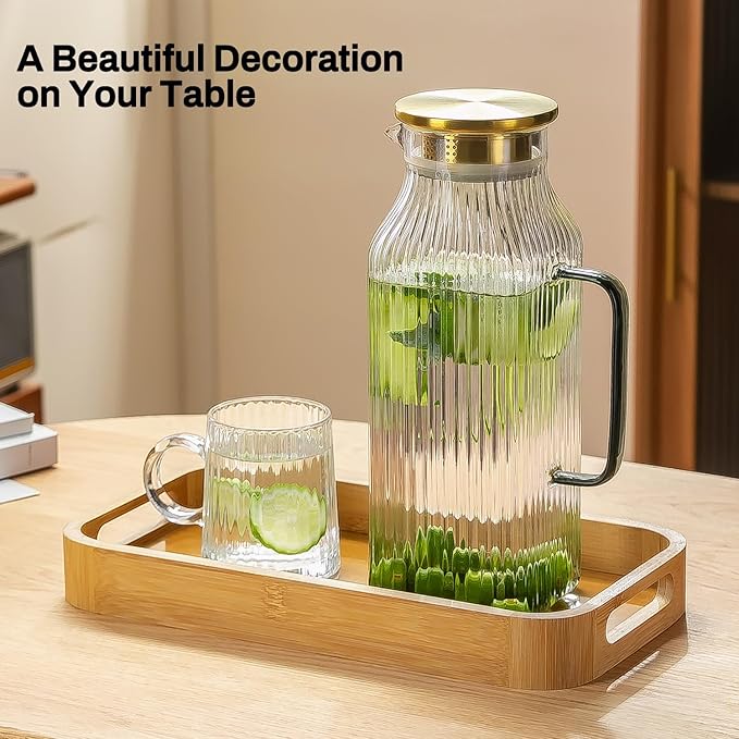 Square Glass Pitcher with Lid and Spout,68 oz/2 Liter Vertical Stripes Water Pitcher for Fridge, Borosilicate Glass Water Carafe for Cold Brew, Coffee, Lemonade, Sun Tea,Heat Resistant
