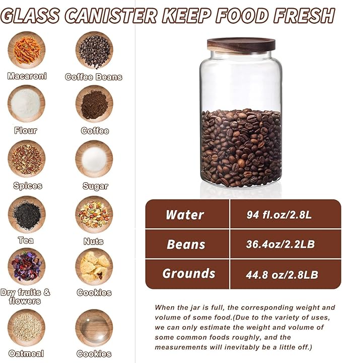 Glass Storage Jar with Lids Thicken Glass Coffee Canister Borosilicate Glass Food Containers for Spice Ground Nut Pasta Sugar Candy Tea (2800ml/94oz-2 PACK(No spoon))