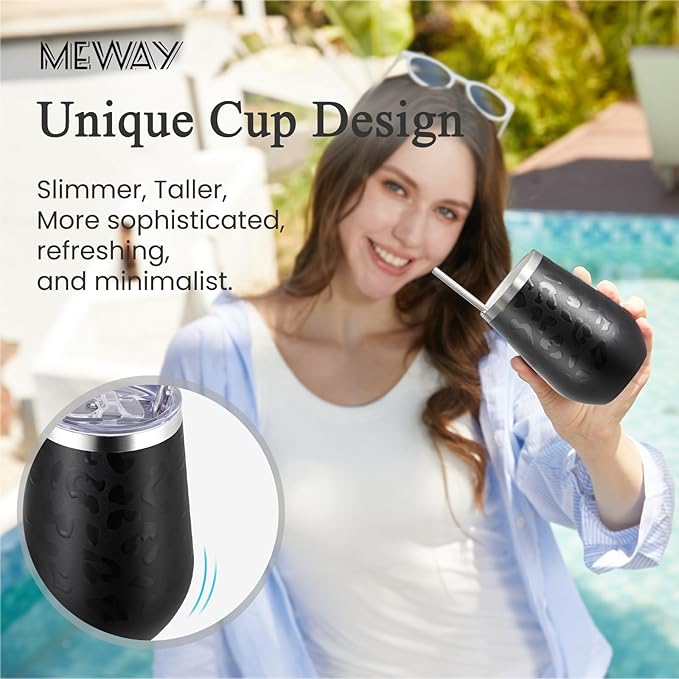 MEWAY 12oz Insulated Wine Tumbler with Press-In Lid, Double Wall Vacuum Stainless Steel Travel Tumbler with Straw,Travel Cup for Coffee, Gift for Woman Under 10 dollars(Black Leopard,Set of 12)