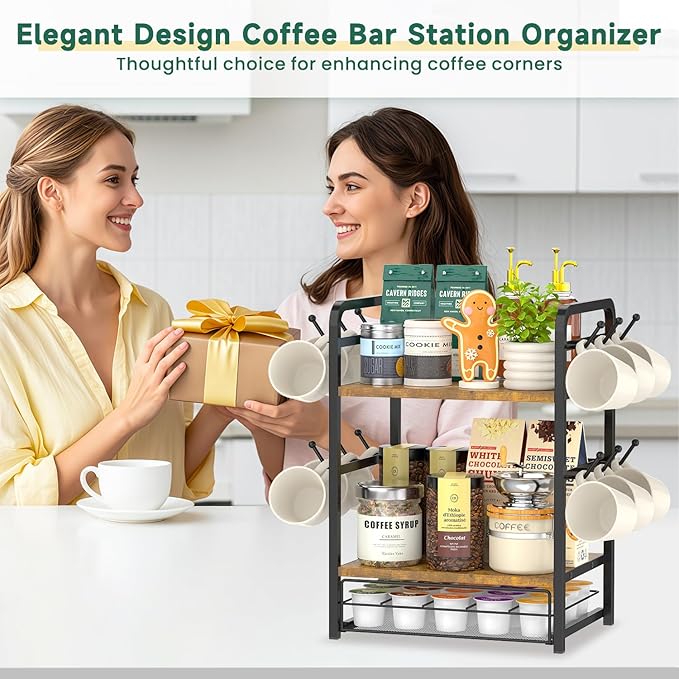 EsLuker.ly Coffee Bar Organizer Station Shelf Mug Holder for Countertop, 3 Tier Coffee Cup Stand Rack with 12 Hooks for Home Office, K Cup Pod Organizer Drawer, Keeps Essentials Tidy & Accessible