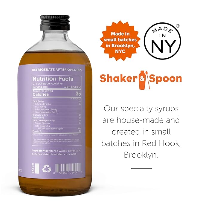 Shaker & Spoon Peach Lavender Cocktail Syrup, 16oz Floral & Fruity Flavored Syrups for Drinks, Vegan Cocktail Mixers, Mocktails, Non Alcoholic Drinks