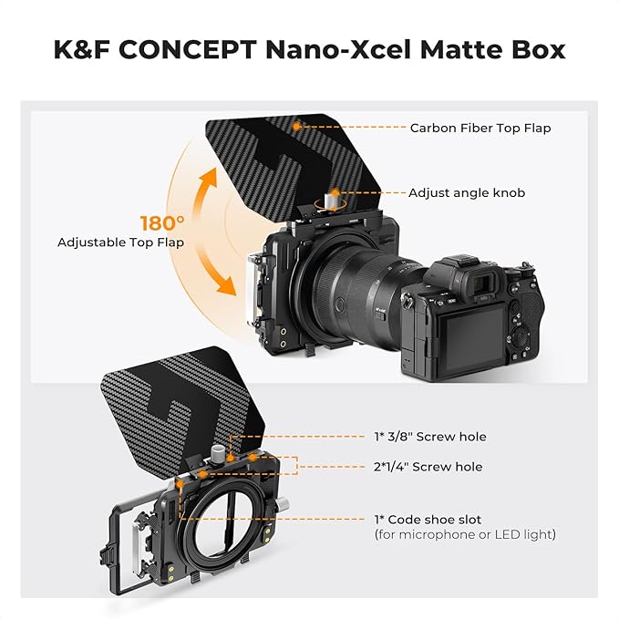K&F CONCEPT Matte Box, DSLR Camera Matte Box with Carbon Fiber Top Flag, with 67/72/77/82/95mm Adapter Rings for 4x5.65 ND UV Filter/Circular Filter