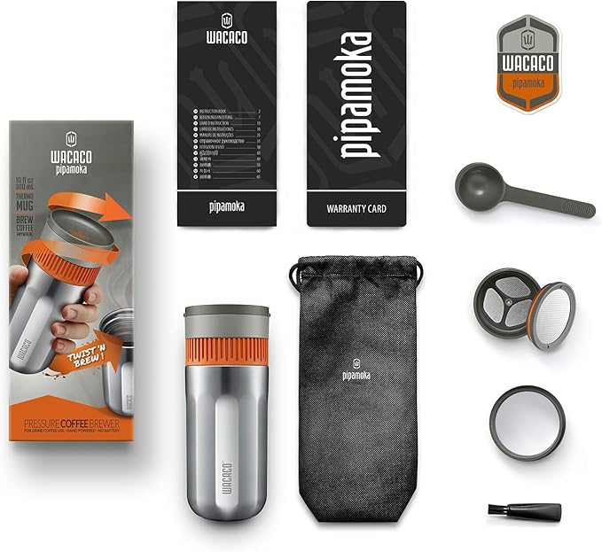 WACACO Pipamoka Portable Coffee Maker, Coffee brewer, All-in-one Vacuum Pressured，Insulated Travel Mug, Hand Powered and Filter Pressure Brewer, Stainless Steel Thermo Cup, 10 fl oz