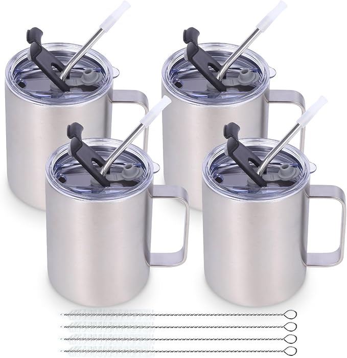Volhoply 12oz Insulated Leakproof Coffee Mug with Flip & Straw Lid Bulk 4 Pack,Double Wall Vacuum Stainless Steel Travel Tumbler Cup with Handle,Camping Mugs Keep Cold/Hot(Silver,4 Set)