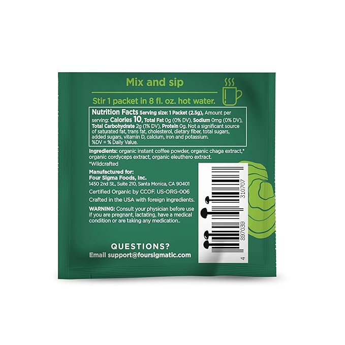 Four Sigmatic Organic Instant Coffee Powder | Mushroom Coffee Instant Mix with Cordyceps, Chaga and Eleuthero for Better Focus and Immune Support | 10 Packets