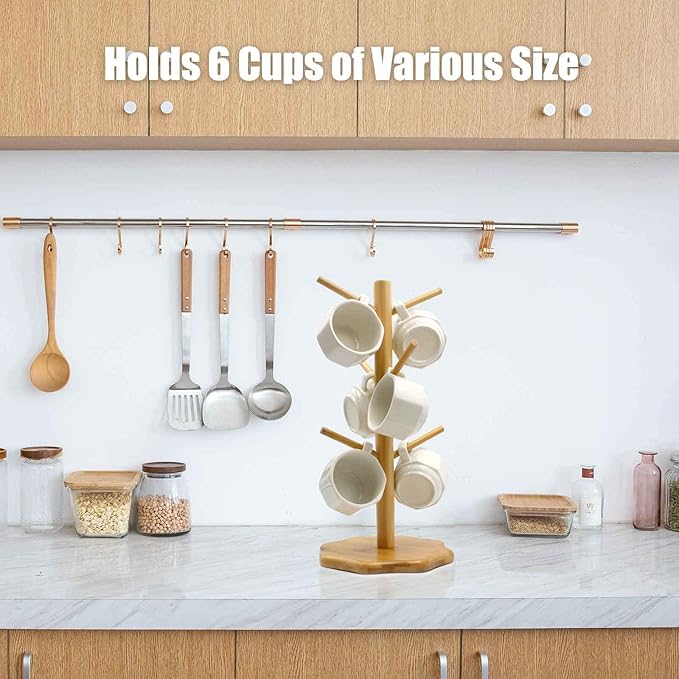 Bamboo Countertop Mug Tree Stand with 6 Hooks, Octagon Base Coffee Cup Tree