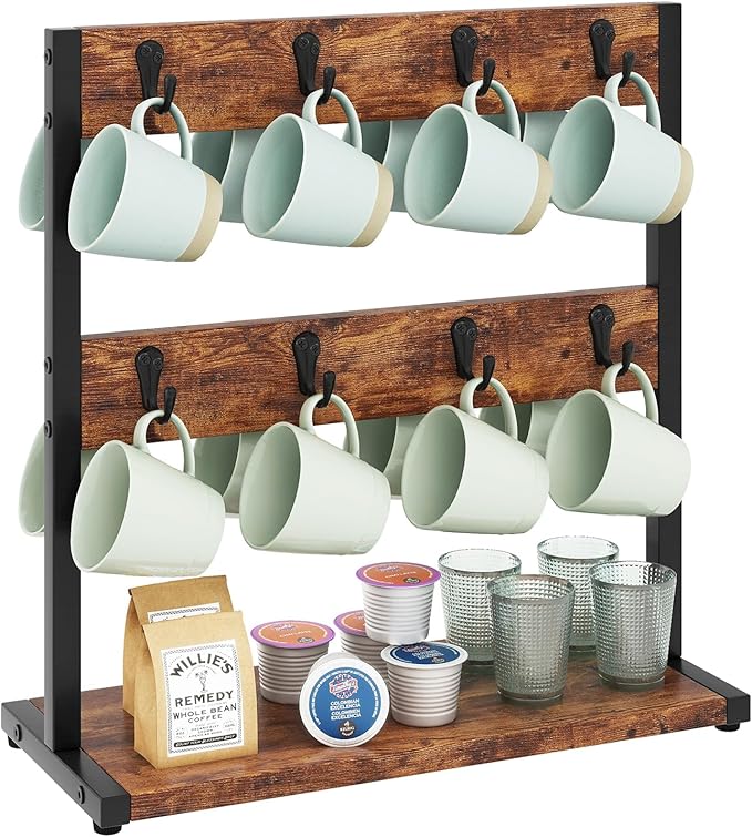 IBUYKE Wood Coffee Mug Holder for Countertop,16 Hook Mug Tree Holder Rack with Storage Base,Mug Display Organizer,Mug Holders for Home Kitchen, Rustic Brown UTBJ001H