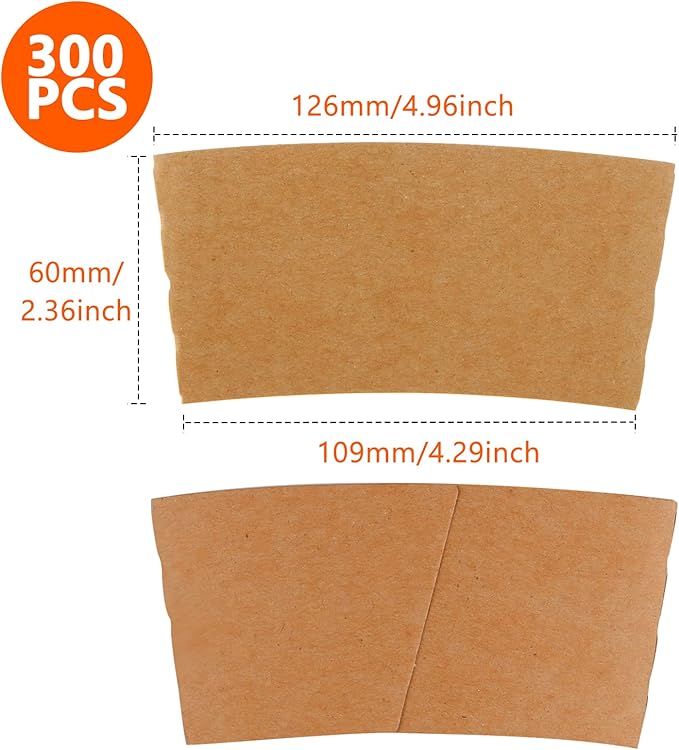 300 Packs Coffee Sleeves, Kraft Paper Cup Sleeve Disposable Coffee Cup Sleeves for Hot and Cold Drinks, Coffee Holder Sleeves for 10oz, 12oz, 16oz, 20oz Paper Coffee Cups (Cup Not Included)