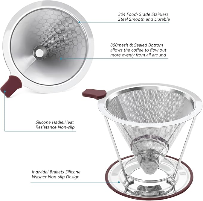 Pour Over Coffee Dripper Stainless Steel Coffee Filter Metal Cone Filter Paperless Reusable Single Cup Maker 1-2 Cup With Non-slip and Removable Cup Stand