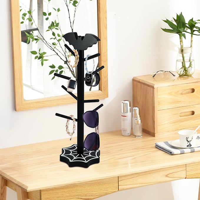 Bat Mug Holder Tree - 8 Hooks Coffee Mug Rack - Gothic Home Decor Wood Coffee Mug Tree for Countertop - Coffee Cup Holder for Halloween Kitchen Organizer & Coffee Bar Accessories (Spider Web)