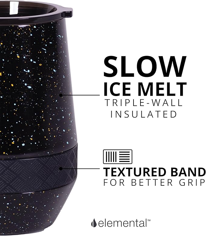 Elemental Recess Wine Tumbler - Triple Wall Insulated Stainless Steel Coffee Mug for Hot & Cold Drinks - Portable Cup with Shatterproof Sip Lid for Camping, Outdoor & Travel - 10oz - Black Speckle