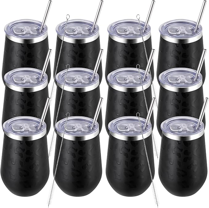 MEWAY 12oz Insulated Wine Tumbler with Press-In Lid, Double Wall Vacuum Stainless Steel Travel Tumbler with Straw,Travel Cup for Coffee, Gift for Woman Under 10 dollars(Black Leopard,Set of 12)