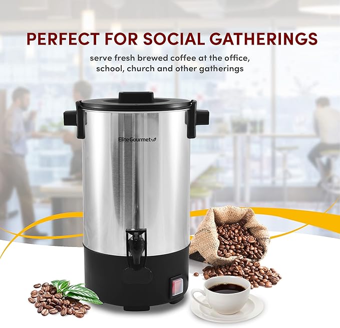 Elite Gourmet CCM-035# Maxi-Matic 30 Cup Stainless Steel Coffee Urn Removable Filter For Easy Cleanup, Two Way Dispenser with Cool-Touch Handles Electric Coffee Maker Urn, Stainless Steel
