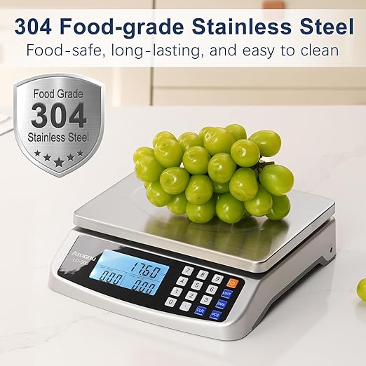 110lb Food Scale, Commercial Kitchen Scale with Price Computing, Plug-in Usable, 0.05oz/1g, 304 Stainless Steel, for Cooking, Vegetables, Farm, Industry, Counting. LC300 Silver