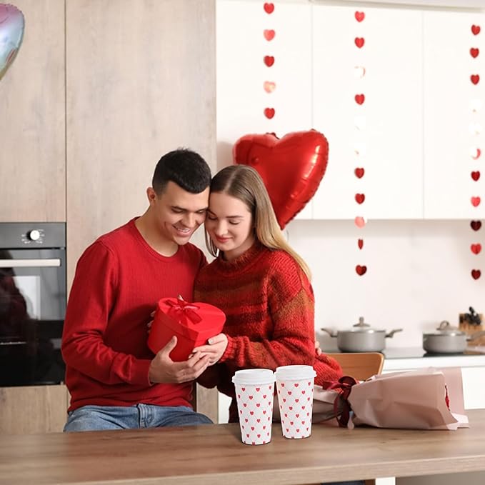 FOBSME 50 Pcs Valentine Disposable Coffee Cups With Lids 16oz Red White Love Heart Paper Cups Valentine Party Drinking Cups for Wedding Anniversary Party Supplies
