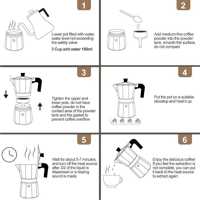 Aluminum 3 Cup 150ml Moka Pot Express Coffee Maker Stovetop Espresso Colorful Coffeemaker Italian Classic Style Brewing Greca Cafe Mocha Machine for Cafeteras Lover Camping Travel and Home Use 5oz