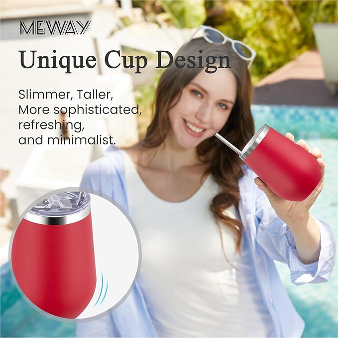 MEWAY 12oz Stainless Steel Wine Tumbler with Lid and Straw - Double Wall Vacuum Stainless Steel Coffee Mug, Gift for Woman Under 10 dollars(Red,1)