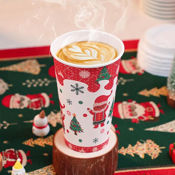 SIUQ 100 Pack 16 oz Christmas Disposable Coffee Cups with Lids, Thickened Christmas Paper Cups for Hot/Cold Beverage, Tea, Coffee, Hot Chocolate, Xmas Party Cups Ideal for Home, Cafes, Store, Holiday