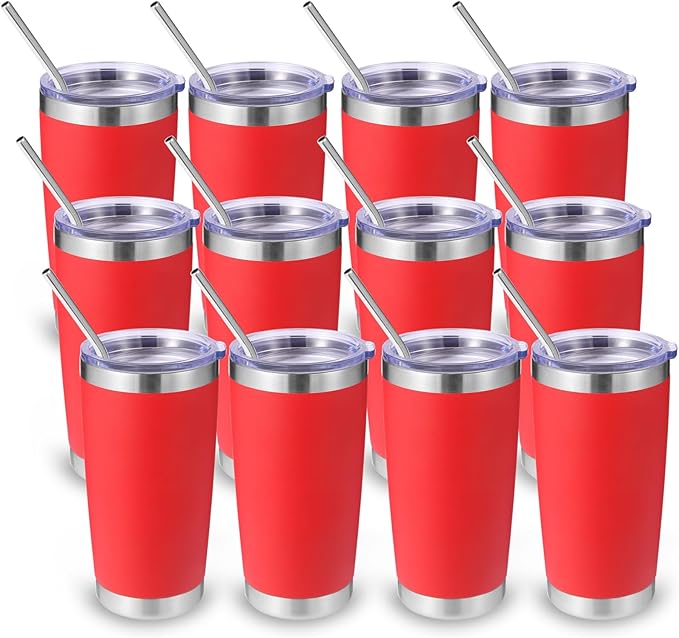 Volhoply 20oz Stainless Steel Tumbler with Lid and Straw Bulk 12 Pack,Double Wall Insulated Travel Iced Coffee Mug Fits Cup holder,Powder Coated Cups for Hot/Cold Drinks,Gifts for Women（Red,12 Set）