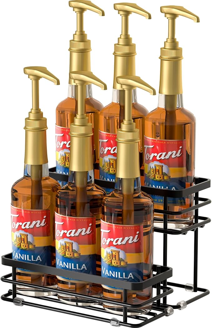 Coffee Syrup Rack Organizer, Syrup Bottle Holder Stand for Coffee Bar, 2-Tier 6 Bottles Storage Shelves for Syrup, Wine, Dressing for Kitchen Countertop (6 Bottles Black)