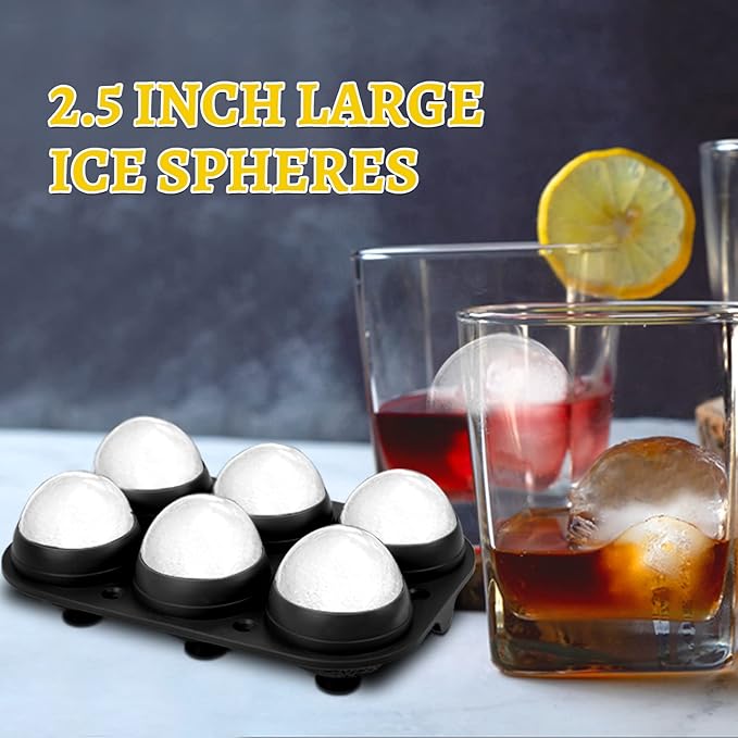 Samuelworld Premium Ice Tray Combo, Large Ice Sphere Maker & Giant Ice Cube Trays, 2 Packs, Food Grade, Easy To Use, Spill-Free Integrated Funnels, Whiskey Bourbon Cocktails (Black)
