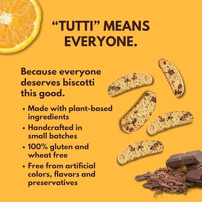 Tutti Gourmet Gluten Free Orange & Chocolate Biscotti, 9.9 oz (283g) Resealable Cookie Bag - Vegan and Halal Snacks